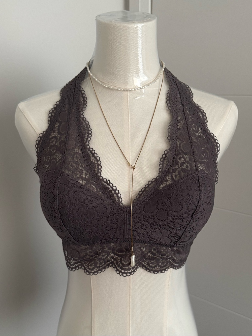 Aerie Light Grey Violet Lace Halter Bralette